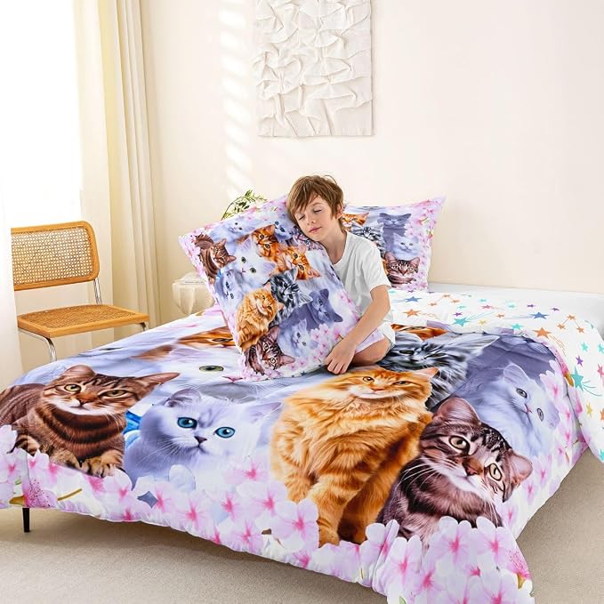 Feelyou Kids Cartoon Toddler Bedding Set Cute Animal Flowers Comforter Set Boys Girls Pink Comforter Cat Decor Quilt Set with 1 Pillowcase 2Pcs Twin Bedding - Image 2
