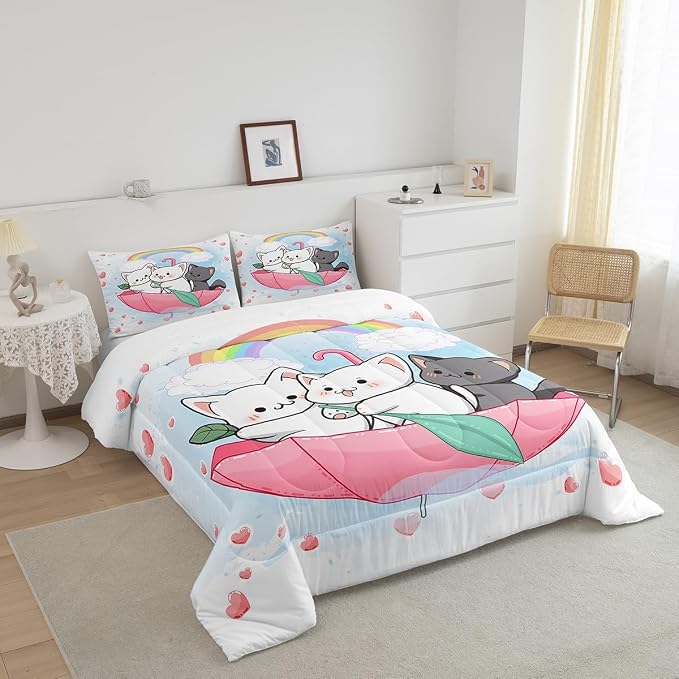 Feelyou Cartoon Cat Beddinig Set Cute Kitten Print Comforter Set for Kids Boys Girls Rainbow Pet Cat Heart Comforter Animal Quilt Room Decor 3Pcs Full Size Boys - Image 3