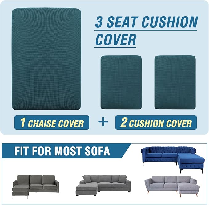 H.VERSAILTEX Sectional Couch Covers 3 Pieces Sofa Seat Cushion Covers L Shape Separate Cushion Couch Chaise Cover for Both Left/Right Sectional Couch (Seat Only: 1 Chaise + 2 Sofa, Deep Teal) - Image 8