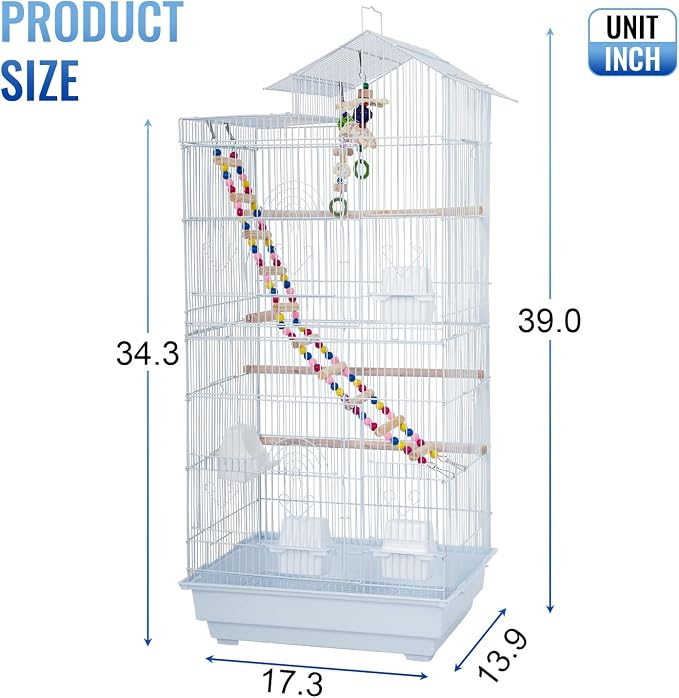 FDW 39 Inch Bird Cage Parakeet Cage with Play Top Rolling Stand & Easy Clean Pull-Out Tray Roof Top Parrot Cage for for Finches Canaries Parakeets Cockatiels & Other Small Birds, White - Image 8