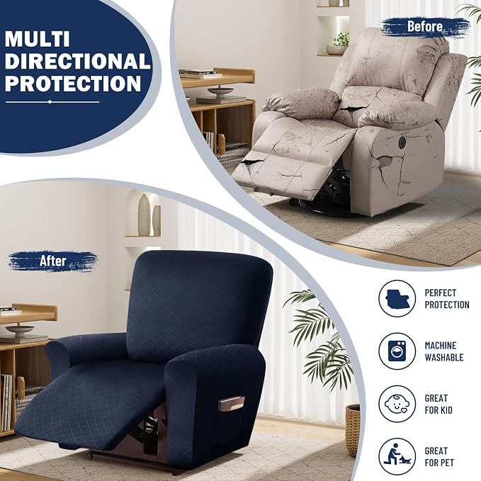 vctops Diamond Recliner Cover 4-Pieces Recliner Stretch Sofa Slipcover 1 Seater Couch Protector Soft Solid Furniture Protector Covers with Elastic Strap (Navy,1 Seat) - Image 5