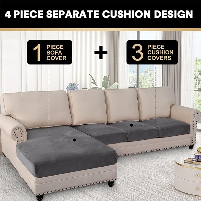 PrinceDeco Sectional Couch Covers 4 Pieces Velvet Separate Couch Cushion Covers L Shape for Left/Right Chaise Sectional Couch with Elastic Bottom (3 Seater + 1 Chaise,Grey) - Image 3