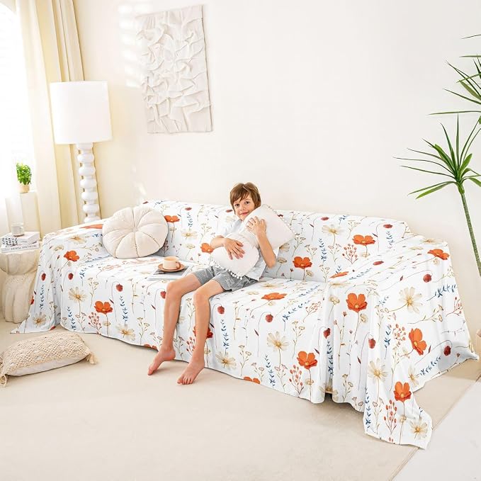 Erosebridal Watercolor Floral Sofa Cover Retro Orange Navy Flower Couch Cover Modern Minimalist White Sofa Protector 91" X 150" Rustic Farmhouse Washable Non Slip Couch Protector for Pet Cats Kids - Image 4