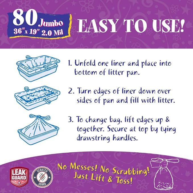 80 Count Fresh Kitty Litter Box Liners Super Thick, Durable, Easy Clean Up Jumbo Drawstring Scented Litter Pan Liners, Bags for Pet Cats - Image 6