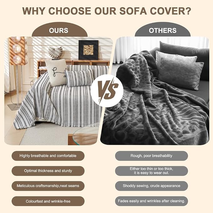 ROOMLIFE Thicked Striped Boho Black &Gray Couch Cover for 2-3 Cushion Sofa, Chenille Sofa Slipcovers Sectional Sofas Covers for Dog, Non Slip Washable Furniture Protector Soft with Tassel 71''X150'' - Image 3