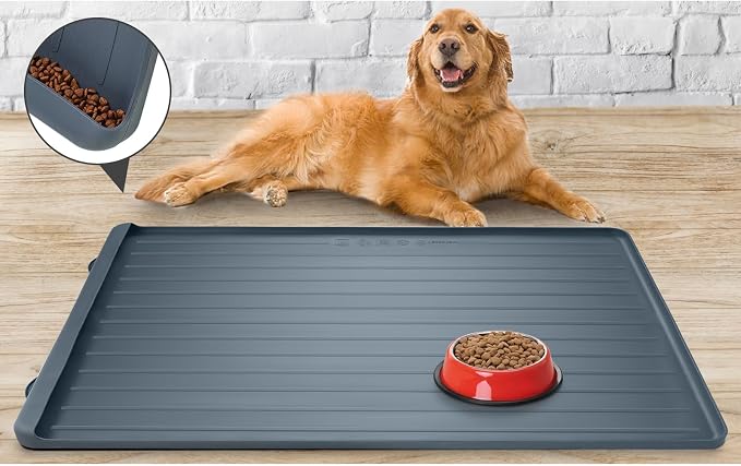 Dog mat for Food and Water - 39.4" x 27" Thickened Large Dog Food Mat | Waterproof Pet Bowl Mat with Residue Collection Pocket and High Edges to Prevent Water and Food Spills - Dark Grey - Image 7