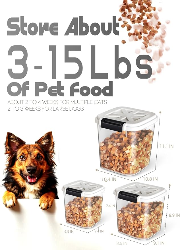 LivLab Mker Airtight Dog Food Storage Container 20 lbs, Pet Food Storage Bin with Lid 4 lbs & 6 lbs & 10 lbs, 3 Pack, Cat Treat Container, Stackable, 3 Measuring Cup, Save Space,White - Image 2