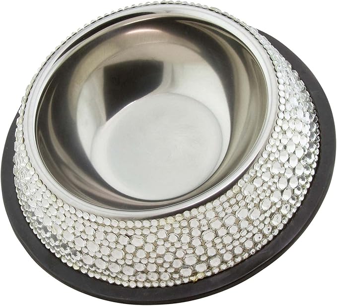 Strass Pet Bowl, Sparkling Rhinestones on Stainless Steel, Non-Slip Base, for Cats, Dogs, Other Pets, Food and Water, Silver, Small, Sold Individually - Image 3