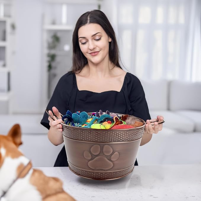 BREKX Metal Indestructible Dog Toy Bin - Chew-Proof Storage Bin | Copper Finish Farmhouse Organizer Storage Basket for Pet Toys, Blankets, Leashes with a Embossed Paw-Print - Image 7