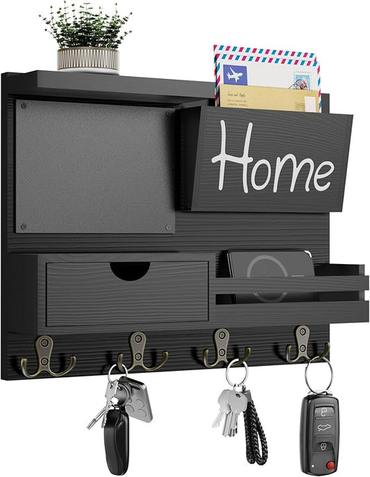 Dvobez Black Farmhouse Key Holder for Wall with Mail Organizer, 6-in-1 Entryway Organizer with Chalkboard, Drawer, Phone Wallet Holder, Top Shelf and 4 Double Hooks by Dvobez