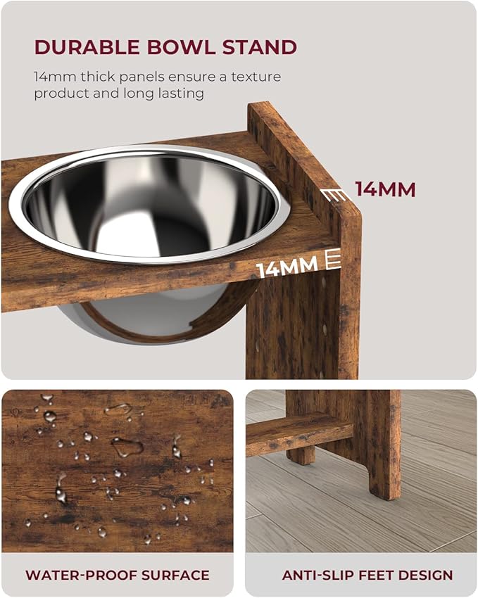 Vantic Elevated Dog Bowls, Adjustable Bowl Stand Medium, Rustic Brown | Particle Board Raised Dog Bowl Stand with 2 Stainless Steel Bowls for Medium Dogs - Image 5