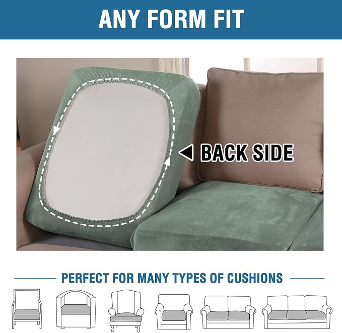 H.VERSAILTEX Velvet Stretch Couch Cushion Cover Plush Cushion Slipcover for Chair Loveseat Sofa Cushion Furniture Protector Seat Cushion Sofa Cover (2 Piece Large Sofa Cushion Covers, Sea Grass) - Image 5