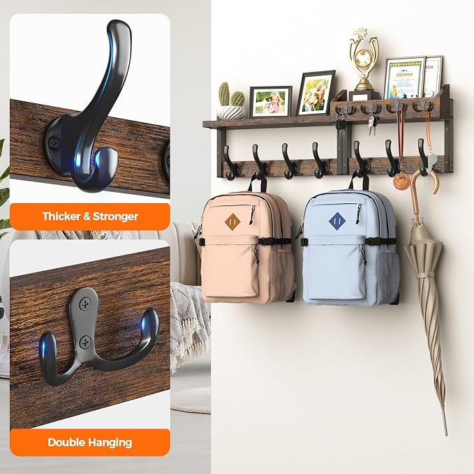 Evermagin 29" Coat Rack Wall Mount with Shelf for Entryway, Rustic Brown | Wall Mounted Coat and Key Rack with Hooks, Key Holder with Mail Organizer for Wall, Living Room, Mudroom, Bedroom - Image 6