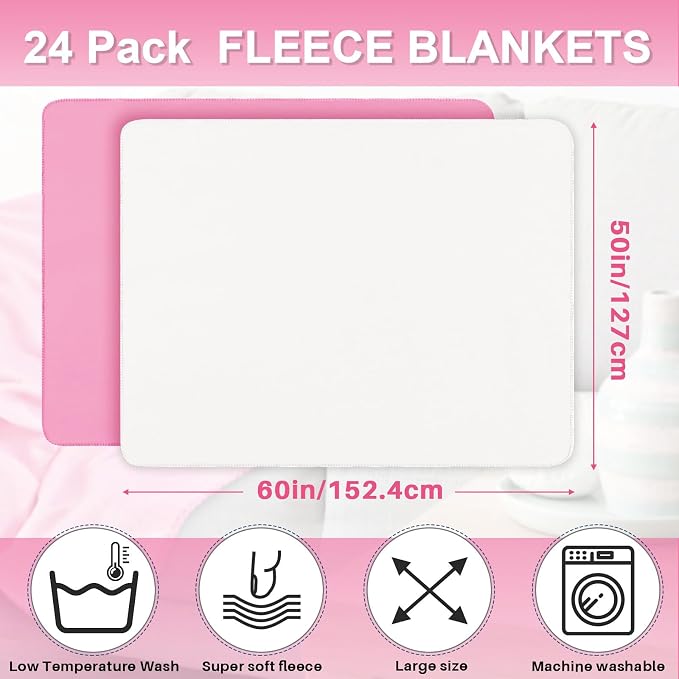 Newwiee 24 Pcs Bulk Fleece Throw Blankets 50'' x 60'' Oeko-tex Standard 100 Certified for Outdoor Wedding Guest Blankets Donation Homeless Sleepover Lap Pet Sofa, All Seasons Use (Light Pink/White) - Image 2