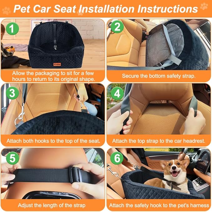 Vivifying Dog Car Seat for Small & Medium Dogs, Detachable & Washable Booster Seat for Pets Up to 30lbs, Travel Bed with Storage Pockets and Safety Belt – Black