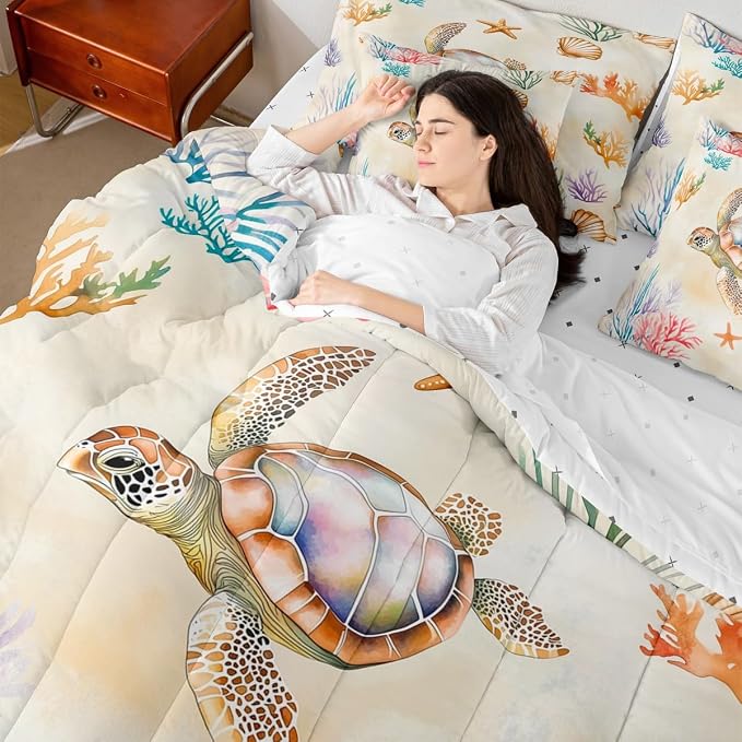 Erosebridal Kids Turtle Comforter Set with Sheets Twin Size, Reptile Tortoise Bed in A Bag, Underwater World Sea Animal 7 Pieces Bedding Set, Lovely Starfish Bedding Comforter Sets - Image 7