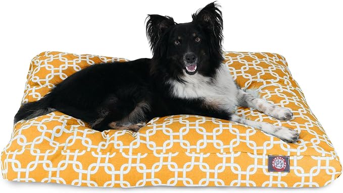 Majestic Pet Shredded Memory Foam Dog Bed Medium with Removable Washable Cover – Rectangle Orthopedic Dog Bed–Durable Dog Crate Bed-Flat Dog Bed for Senior Dogs - (35x29) M - Links - Yellow by MajesticPet