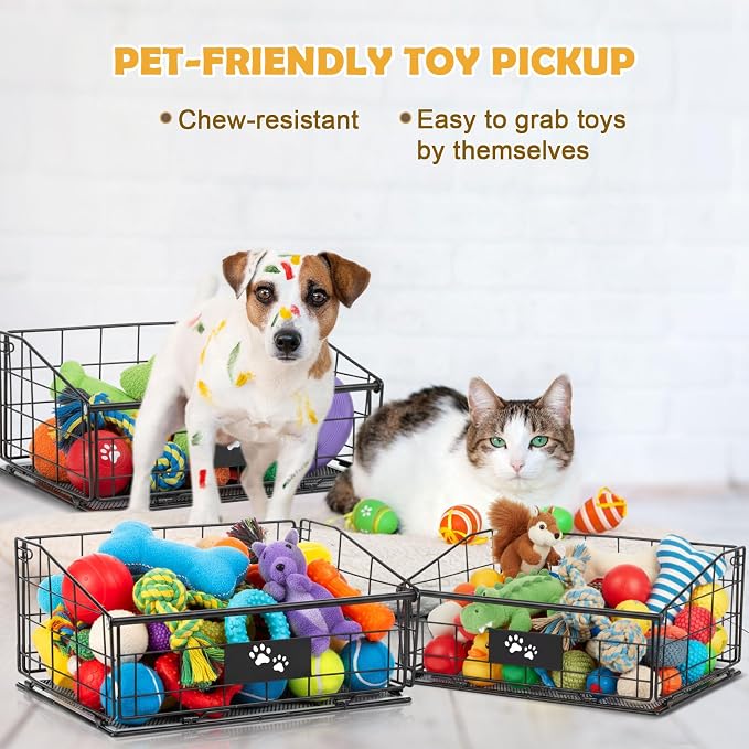 Mimorou 3 Pack Metal Dog Toy Baskets Multi-sized Foldable Dog Toy Bins Box Storage Container Organizer for Living Room Area Decorative Pet Accessories Coat Clothing Storage Holder Baskets(Black) - Image 5