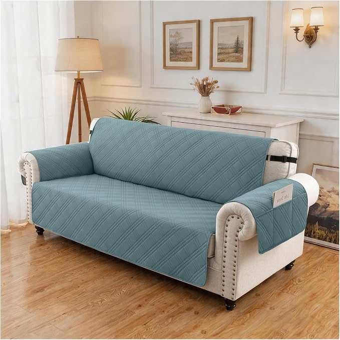 100% Waterproof Couch Cover for Dogs, Washable Anti-Slip Sofa Cover with Elastic Straps & Side Pockets, Quilted Furniture Protector for Kids & Pets (3 Cushion 68", Grayishblue) - Image 8