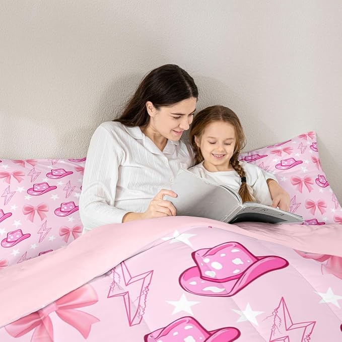 Manfei Cowgirl Pink Comforter Twin,Western Pink Hat Bowknot Girly Quilt Comforter with 1 Pillowcase for All Season Bedroom,Farm Life Star Lightweight Bedding Set Comfortable,Soft and Breathable - Image 4