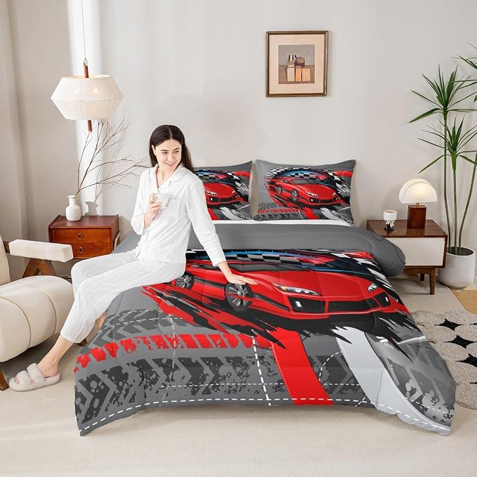 Homewish Sports Car Comforter Set Full,Red Race Car Extreme Sport Bedding Set 3pcs for Kids Teens Boys,Competitive Gaming Duvet Insert Set Black White Grid Quilted Duvet Set with 2 Pillowcases,Grey - Image 5