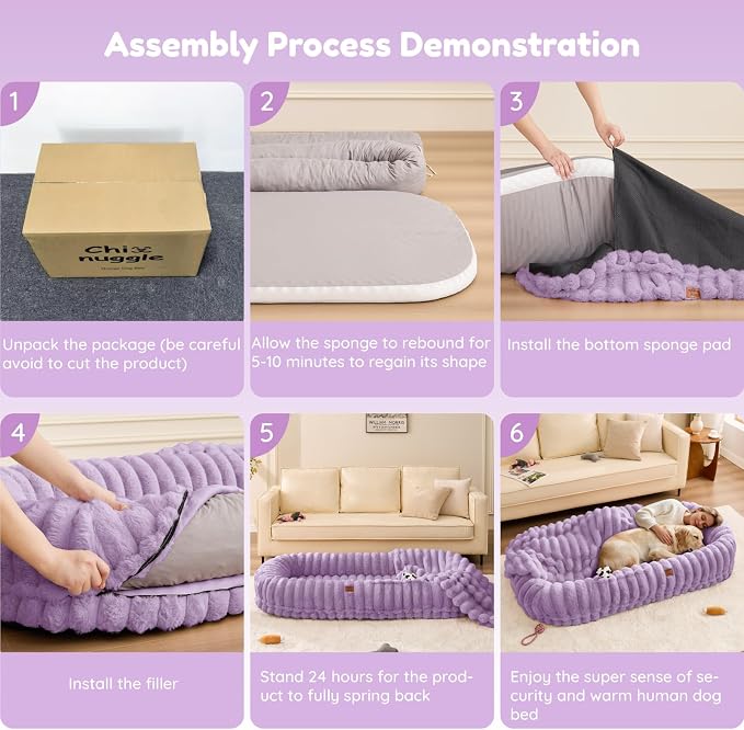 ChiXnuggle Orthopedic Human Dog Bed,Striped Faux Fur Washable Cover,Blanket | purple,72*40*10,giant dog bed for adult or extra large dogs,egg crate foam,non-slip bottom - Image 7
