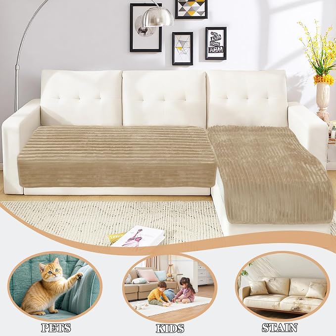 NAISI Couch Covers for Dogs Waterproof Flannel Striped Sofa Cover Pet Friendly Washable Dog Mat for Couch Anti Slip Sectional Sofa Slipcover Protector(2pcs/35"x63"+35"x70",Camel) - Image 2