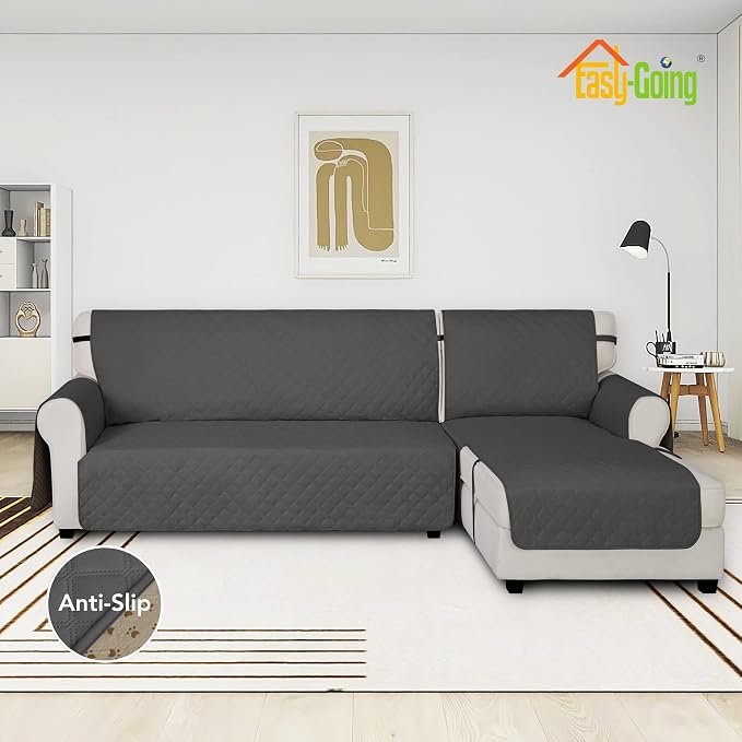 Easy-Going Waterproof Sectional Couch Covers with Chaise 2-Piece Non Slip L Shape Sofa Cover for Dogs Leakproof Furniture Protector Cover with Adjustable Strap for Pets (Large, Dark Gray) - Image 2