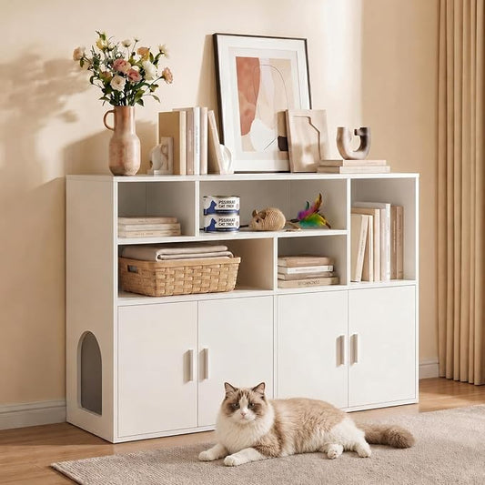 Amunrbrek Double Litter Box Enclosure, Hidden Cabinet with Storage, White | Pass-Through Design Makes Cats Feel Safe by Amunrbrek