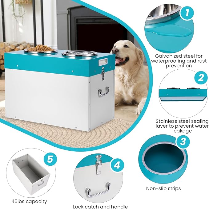 Elevated Dog Bowls with Storage Large Breed 15" H Raised Dog Bowl | 2 In 1 Pet Food Storage Container & Feeder, Galvanized Pet Feeder Feeding Station, Waterproof, Leak-proof, Holds Up To 45 Lbs - Image 4