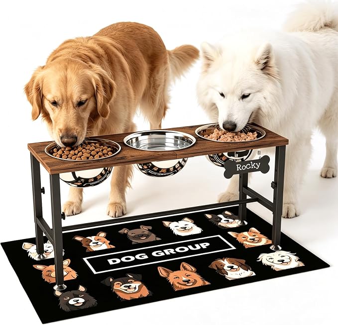 ADENGL Triple Elevated Dog Bowls Stand for Multiple Dogs, 3 Height Adjustable Raised Dog Bowl Stand with 3 Stainless Steel 1700ml(58oz) Bowls & Wood Tray & Mat by ADENGL