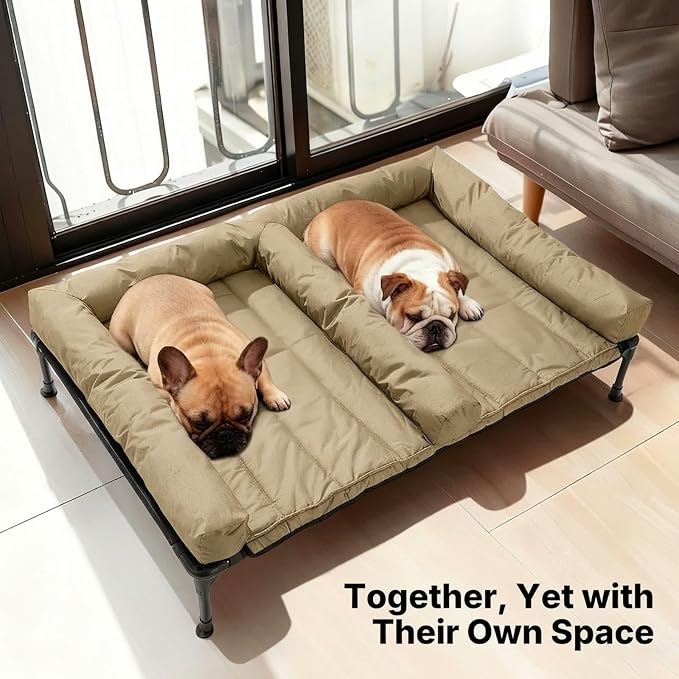 Veehoo Elevated Dog Bed for Two Dogs, Cooling Raised Dog Bed with Removable Waterproof Bolster Mat, 49" x 33" Double Dog Bed, Outdoor & Indoor Pet Cot with Breathable Mesh, Non-Slip Feet, Beige - Image 2