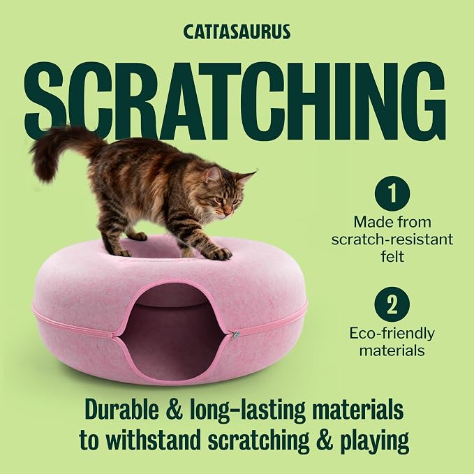 Cattasaurus Peekaboo Cat Cave Donut for Multiple & Large Cats up to 30-45 lbs, 3-in-1 Self Warming Cat Bed, Tunnel & Scratcher for Indoor Cats, Washable & Detachable Small Dog Bed (Pink, Jumbo) - Image 5