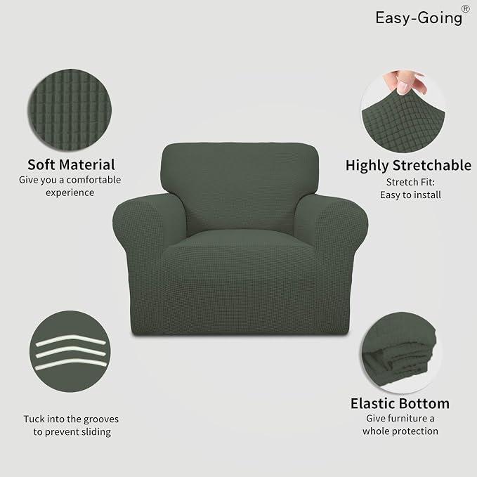 Easy-Going Stretch Chair Slipcover with Arm Washable Olive Green | 1-Piece Couch Sofa Cover Furniture Protector for Living Room Soft with Bottom For Kids, Pet. Spandex Jacquard - Image 3