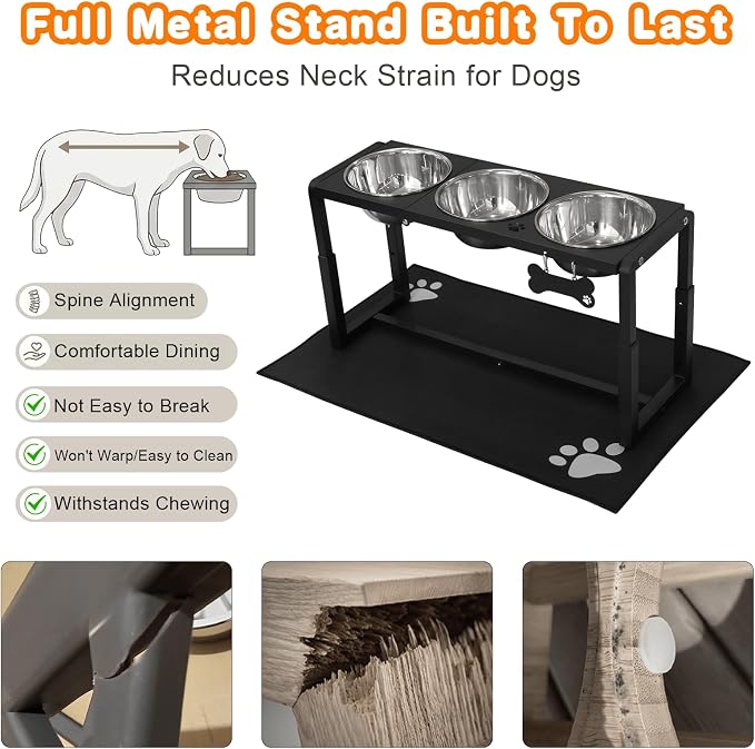 Metal Elevated Dog Bowls for Medium/Large Breed, 3 Adjustable Height(8.8''/11.5''/14'') Raised Dog Bowls Stand with Three 58oz Large Stainless Steel Dog Bowls, with The Splash pad - Image 6