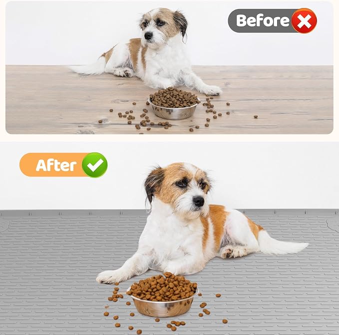 Dog Food Mat 40''x28'' Extra Large Dog Mat for Food and Water, Light Grey | Silicone Dog Bowl Mat with Raised Edge, Waterproof Non-Slip Pet Feeding Mat for Floors, fit for Dog Cat Bowls - Image 4