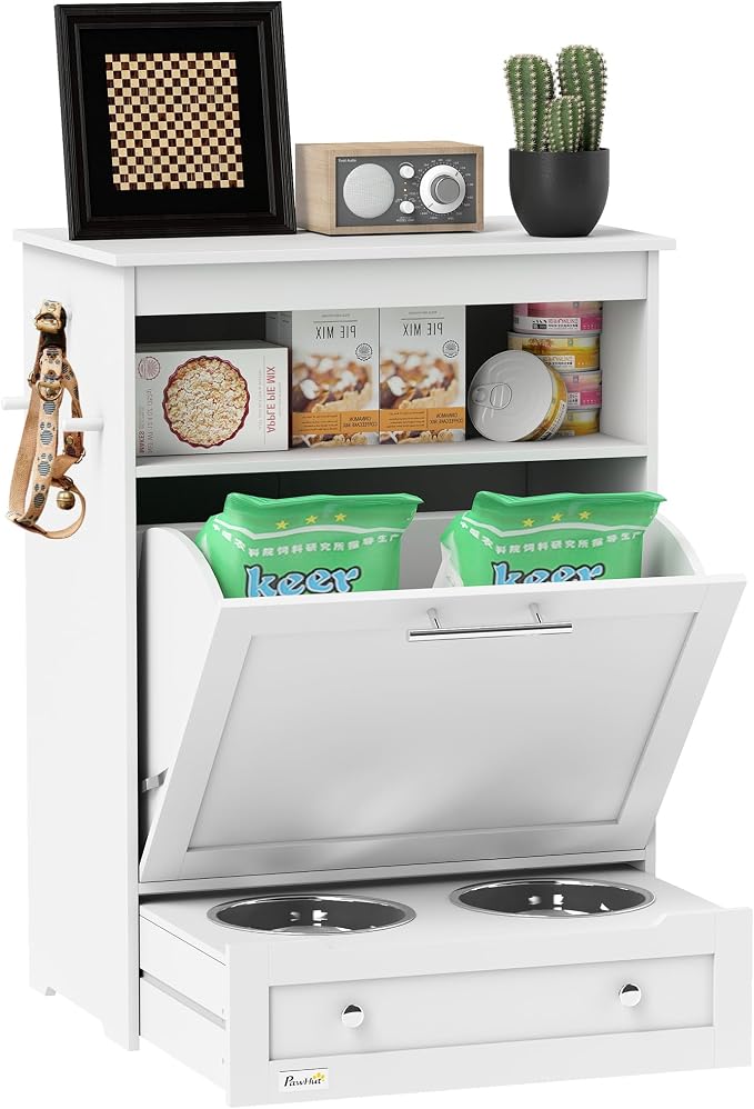 PawHut Dog Feeding Station with Raised Bowls, Pet Feeder Station, White | Dog Food Storage Cabinet, Hanger for Feeding & Watering Supplies by PawHut