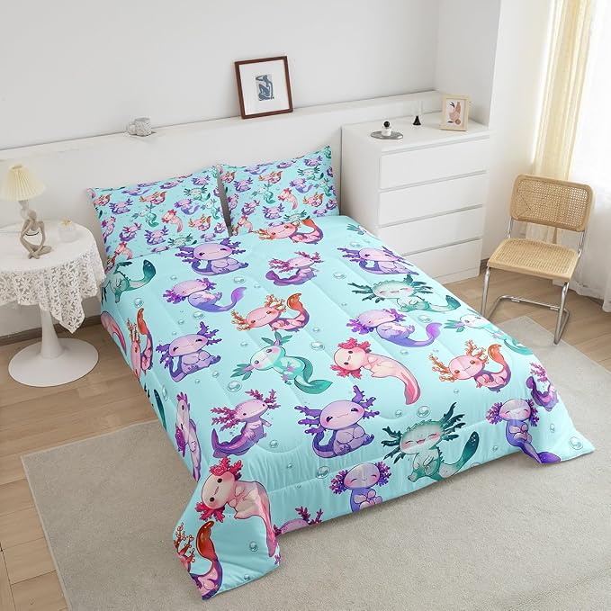 Manfei Cartoon Axolotl Comforter Set Twin Size,Cute Purple Blue Wildlife Animal Bedding Set for Girls Teens Bedroom Decor Green Polka Dots Sea Creature Soft Chic Quilted Duvet with 1 Pillowcase - Image 4