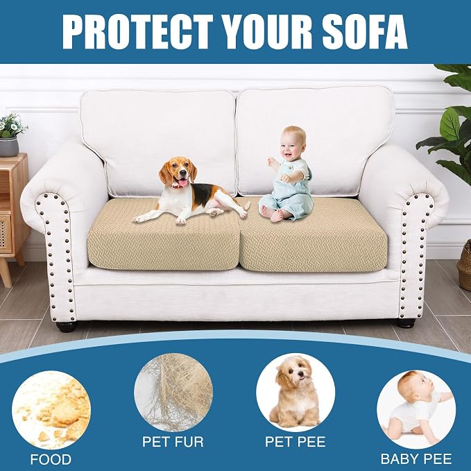 Smiry Waterproof Couch Cushion Covers, Non Slip Seat Cushion Covers | Stretch Jacquard Sectional Sofa Slipcover, Washable Elastic Furniture Protector for Pets, Kid, 2 Pieces, Light Brown - Image 5