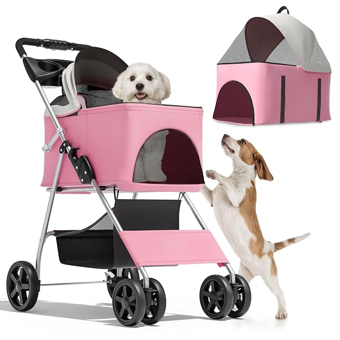 Magshion Foldable Pet Stroller, 3-in-1 Dog Travel Jogger with Detachable Carrier, Cup Holder, Storage Basket, Folding Carrier for Small/Medium Dogs & Cats Up to 33 lbs, Pink