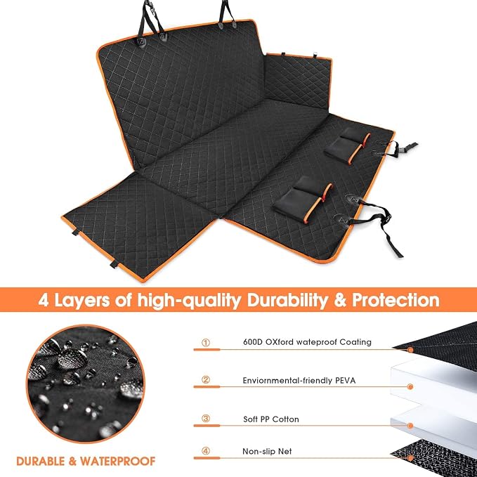 Dog Car Seat Cover for Back Seat, Waterproof Seat Protector Scratchproof Pet Hammock with 4 Bags Side Flaps, Washable Nonslip Backseat Protection for Cars Trucks and SUVs. - Image 6