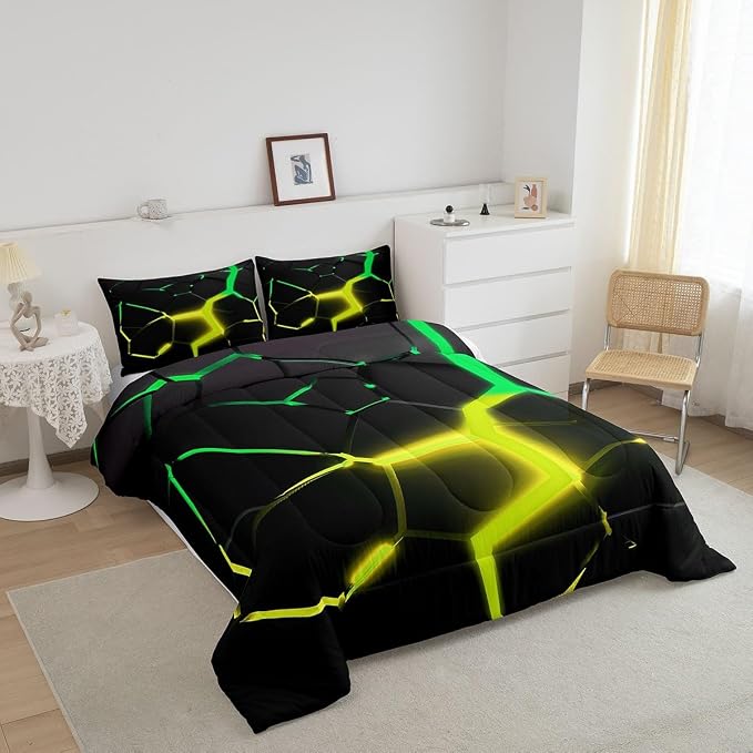 Geometric Honeycomb Comforter Set King Size,Abstract Hexagon Patchwork Fashion Bedding Set for Boys Girls Men Room Decor,Yellow Green Neon Modern Down Comforter,Unique Duvet Insert,2 Pillowcases - Image 2