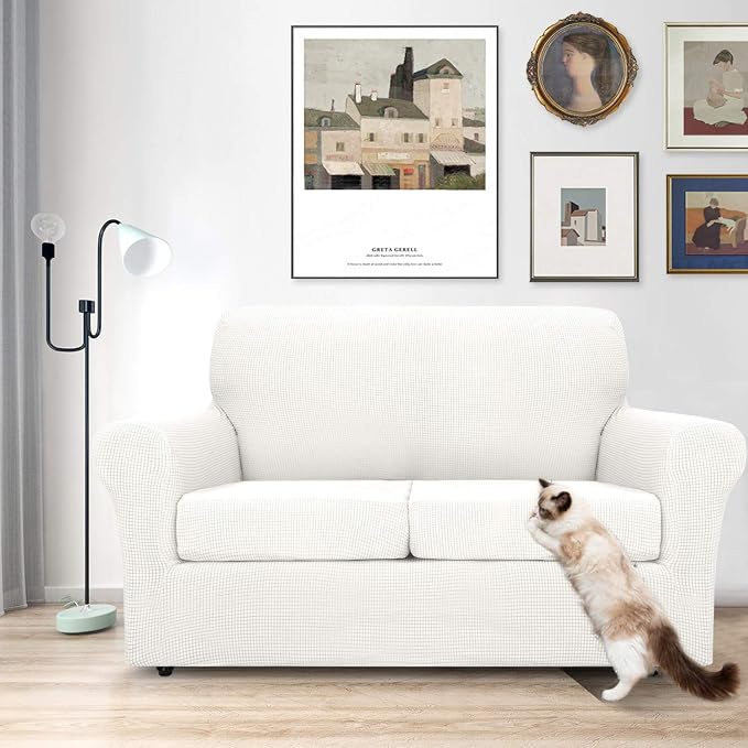 MAXIJIN 3 Piece Couch Covers for 2 Cushion Couch Super Stretch Loveseat Slipcover Dogs Pet Proof Fitted Furniture Protector Spandex Non Slip Sofa Love Seat Cover Washable (Loveseat, White) … - Image 2