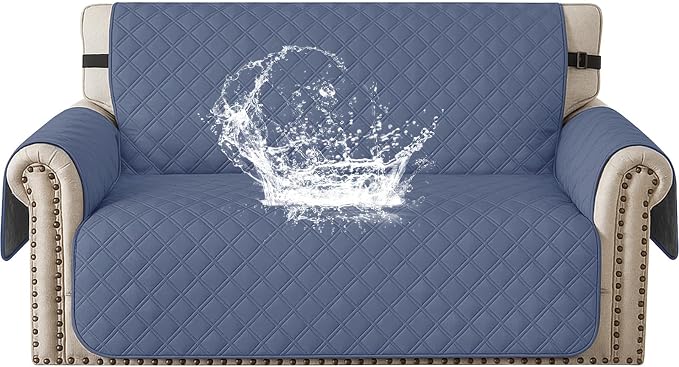 Waterproof Loveseat Covers for 2 Cushion Couch, Sofa Covers for Pets Washable with Side Pockets, Non Slip Couch Covers for Dogs, Dog Couch Cover with Elastic Straps (Loveseat, Greyish Blue) by CYCMACOHOME