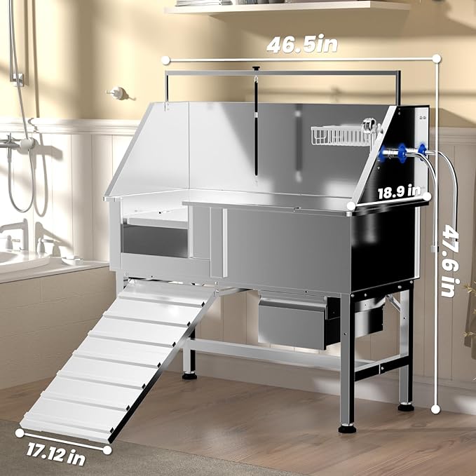 Dog Washing Station for Home,46" Stainless Steel Dog Bathing Station Height Adjustable Dog Washing Station for Home Dog Grooming Tub Ramp, Drawer, Floor Grate & Fauct - Image 6