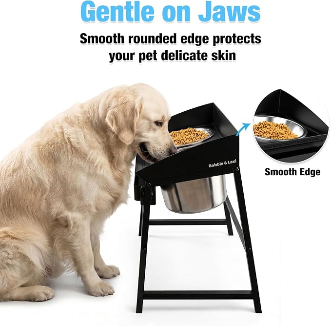 Bobbie & Laxi 15" Tilted Elevated Dog Bowl, Spill-Proof with Plastic Guard | For large dogs; raised stand with smooth plastic edge, 2 stainless steel bowls; 10° tilted stand keeps floors mess-free - Image 4