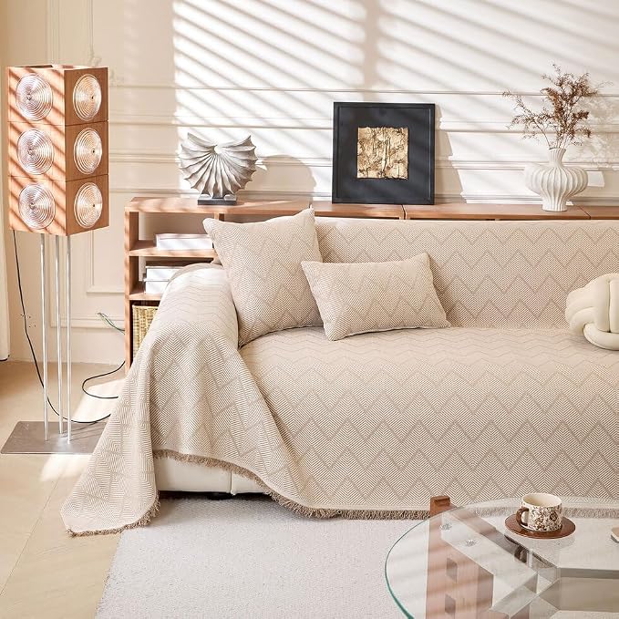 ROOMLIFE Boho Khaki Couch Covers for 3 Cushion Sofa, Couch Cover Sectional Sofa Cover for Dog, Washable Furniture Sofa Protector Cover Soft Blanket with Tassel for Living Room, 71''X134'' by ROOMLIFE