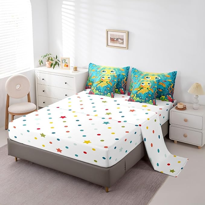Erosebridal Sea Turtle King Size Comforter Set with Sheets, Ocean Life Bed in A Bag for Kids Teens Youth Adults Bedroom, Underwater World Sea Animal 7 Pcs Bedding Set, Colourful Coral Bed Sets - Image 4