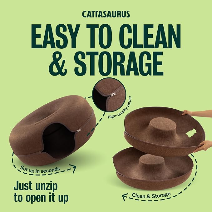 Cattasaurus Peekaboo Cat Cave Donut for Multiple & Large Cats up to 30-45 lbs, 3-in-1 Self Warming Cat Bed, Tunnel & Scratcher for Indoor Cats, Washable & Detachable Small Dog Bed (Brown, Jumbo) - Image 7
