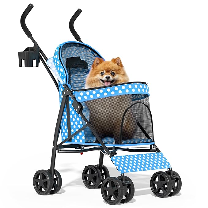 MoNiBloom 4 Wheels Pet Stroller, Easy-Fold Umbrella Shaped Dog Cat Jogger Stroller w/Storage Bag & Visible Mesh for Small/Medium Dogs Cats Sky Blue Polka Dots